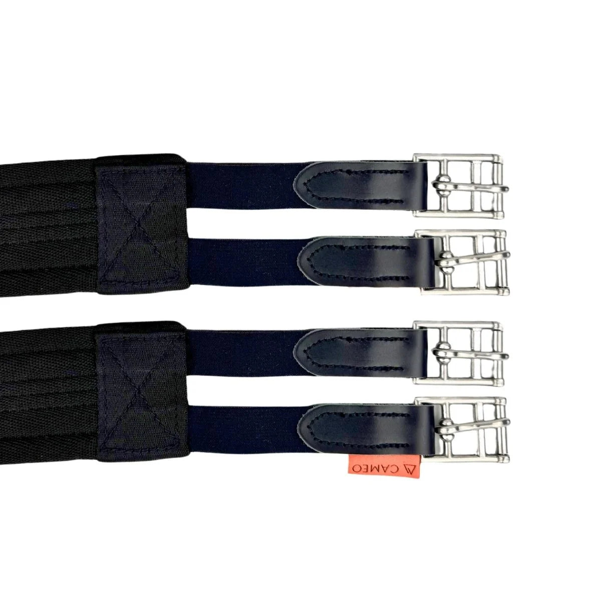 Three black shoulder straps with silver metal buckles and dark navy leather tabs, arranged vertically on a white background. A small orange tag with the brand name 'CAMEO' is visible near the bottom.