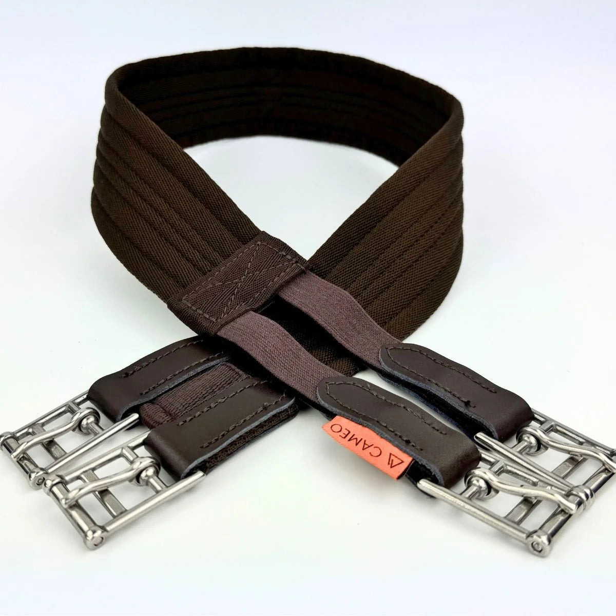 Brown leather belt with silver buckles on a white background