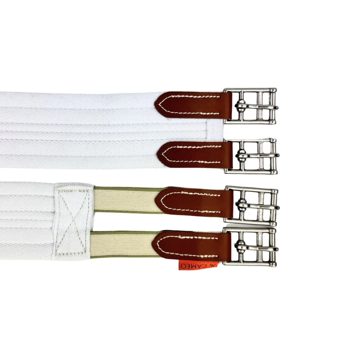 Set of equestrian girth straps with leather ends on a white background