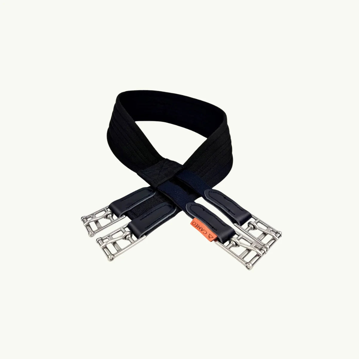 Black equestrian bridle straps with metal hardware on a white background