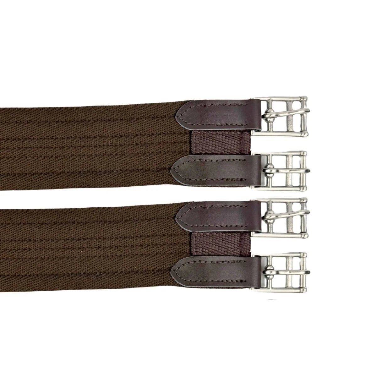 Three brown equestrian girth straps with leather ends and metal hardware on a white background