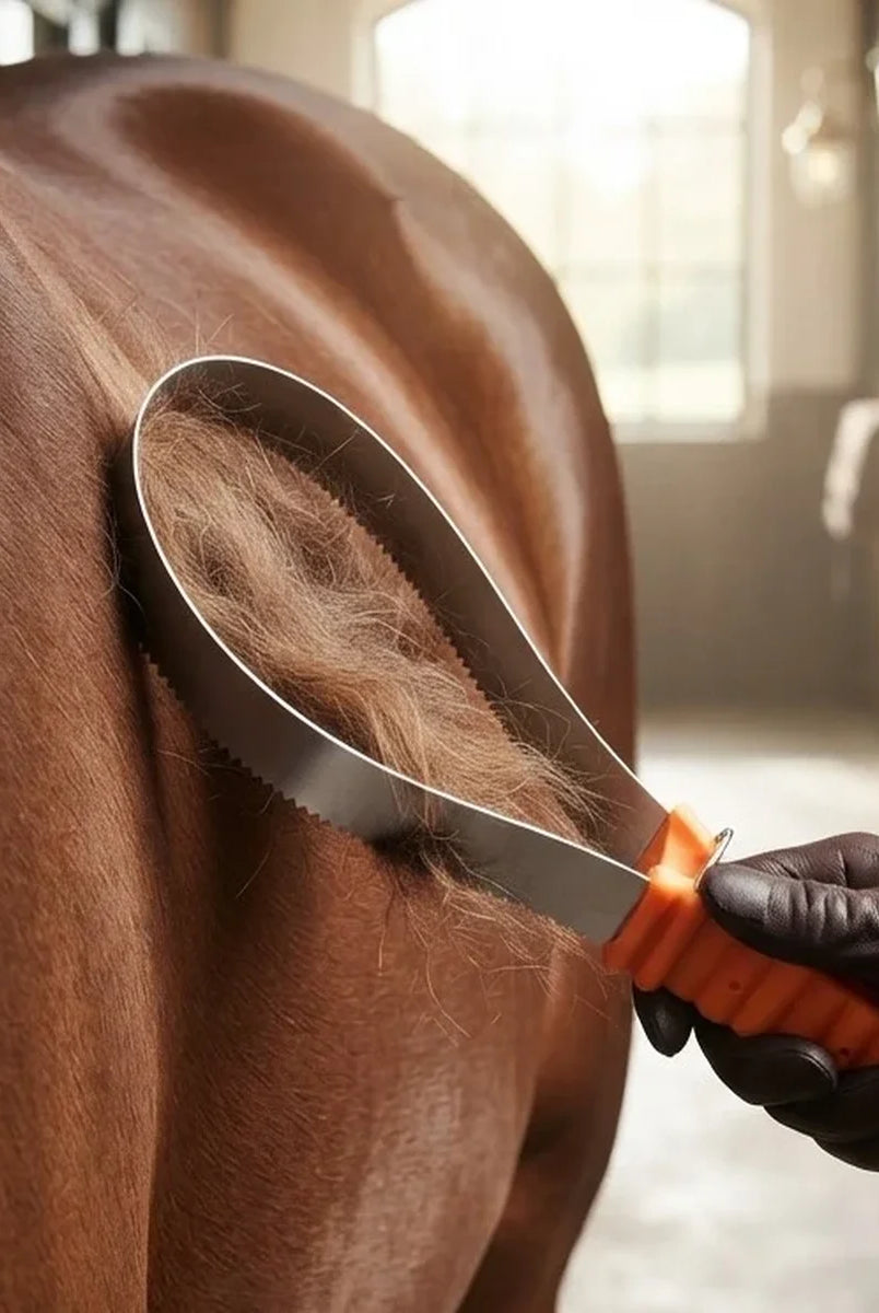 A close-up of a horse grooming brush being used on a brown horse's coat, with a gloved hand holding the orange-handled brush in a softly lit stable.