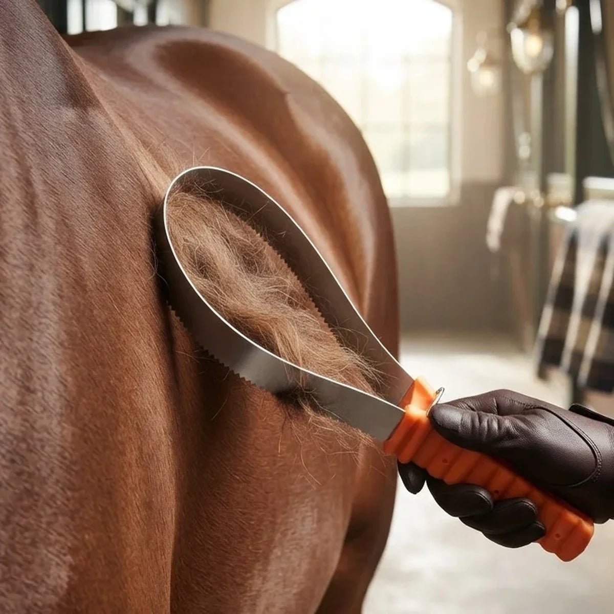A close-up of a horse grooming brush being used on a brown horse's coat, with a gloved hand holding the orange-handled brush in a softly lit stable.