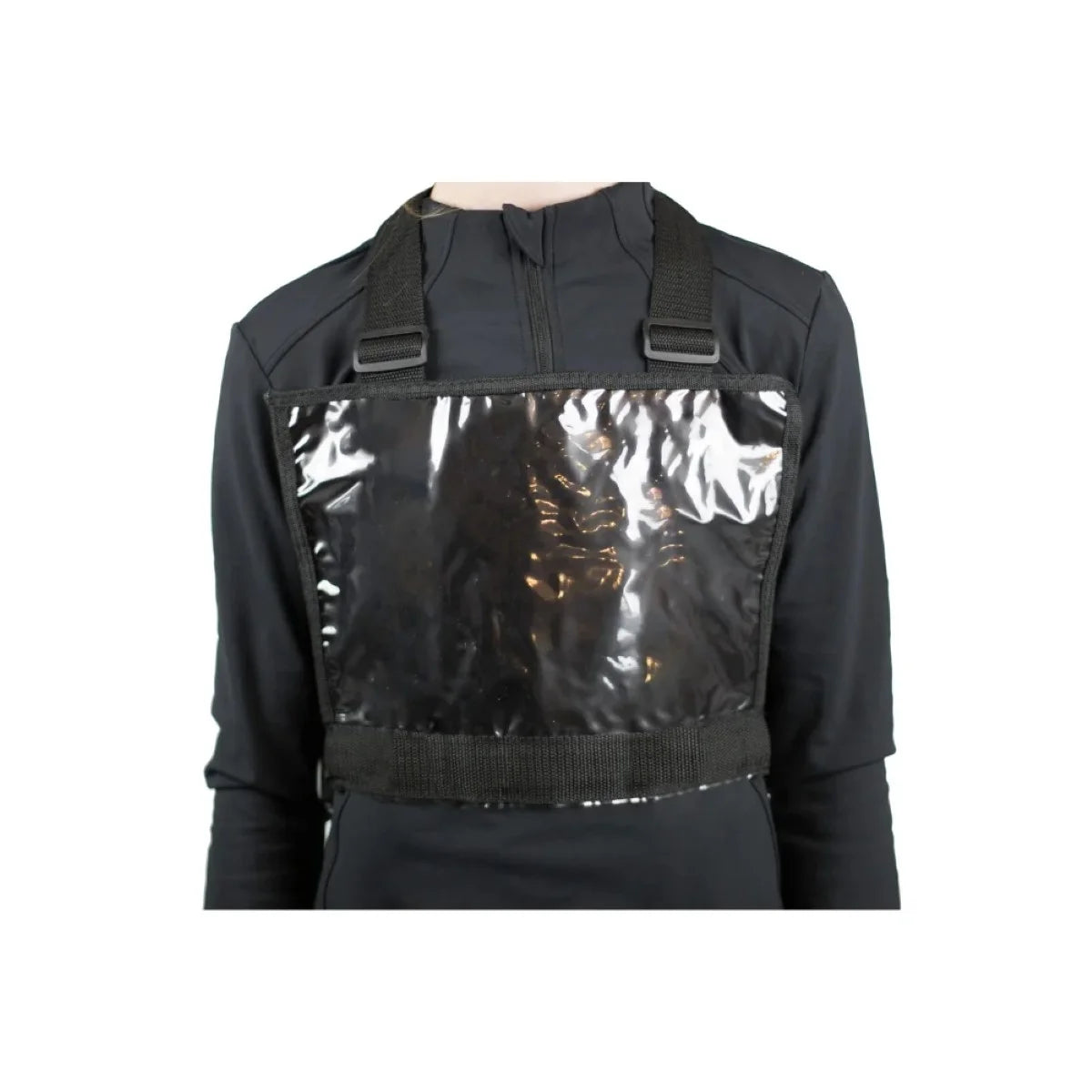 Black protective apron with reflective front panel on a white background