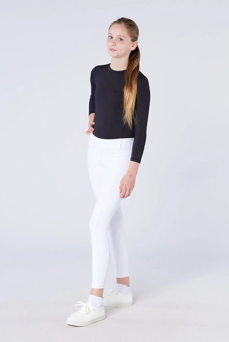CAMEO All Season Riding Tights in White worn by a junior rider for British competition. These technical equestrian leggings feature a high-rise core-supporting waistband, innovative full-seat chevron silicone grip for in-saddle stability, and a thermal brushed lining for professional show-day comfort.
