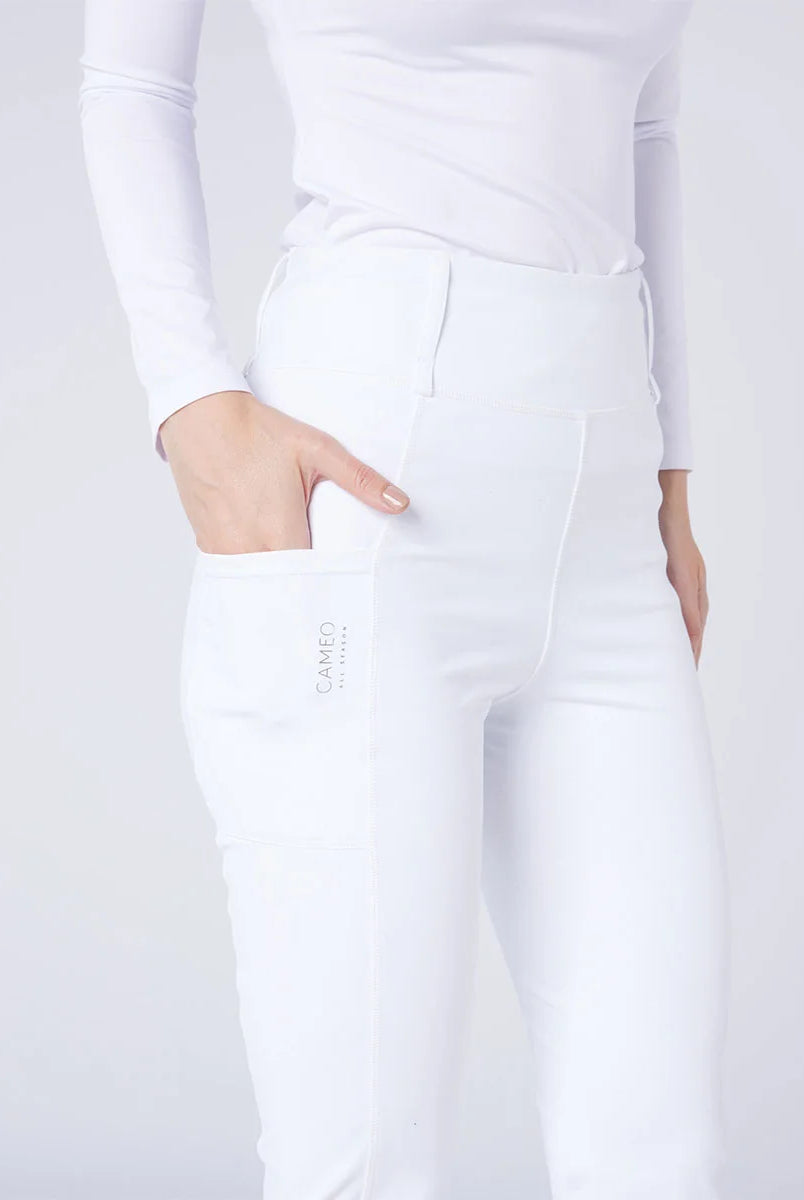CAMEO All Season Tights in White featuring a deep ergonomic thigh smartphone pocket and high-rise core-supporting waistband. These technical competition riding tights are designed with 4-way compression stretch, thermal brushed lining, and reinforced belt loops for elite equestrian performance.