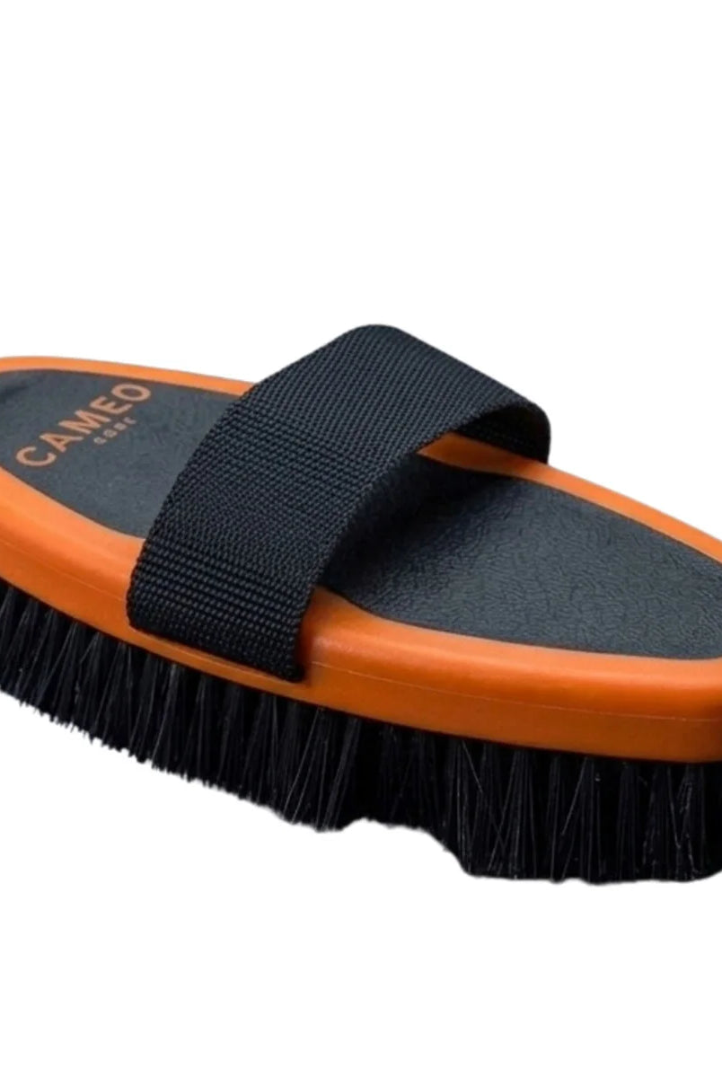CAMEO Body Brush in Orange featuring a secure woven hand strap and soft dense bristles for comfortable equine grooming.
