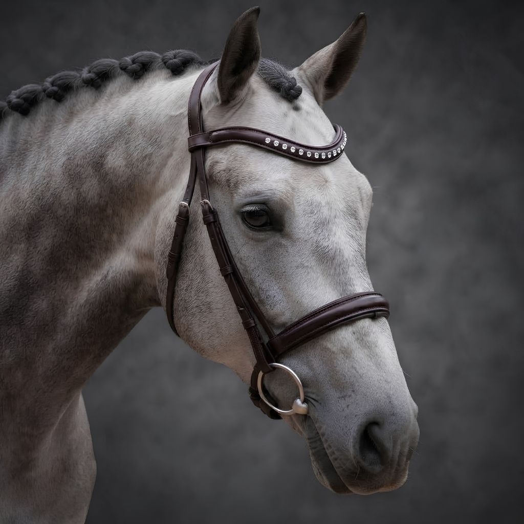 A close-up of a gray horse wearing a dark brown leather bridle with silver studs and a metal ring, set against a dark gray studio background.