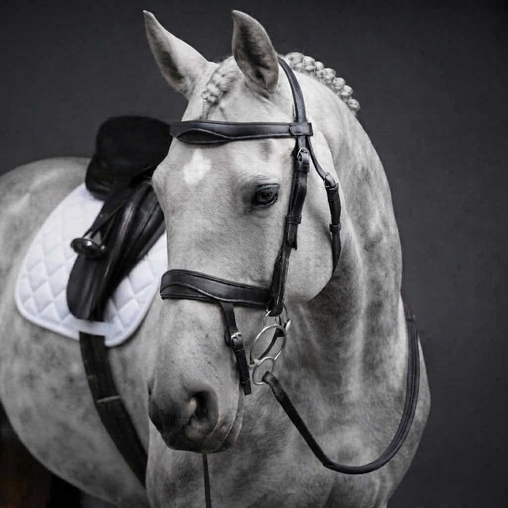 A close-up of a gray horse wearing a black leather bridle and reins, with a white quilted saddle pad and dark saddle visible against a dark gray studio background.