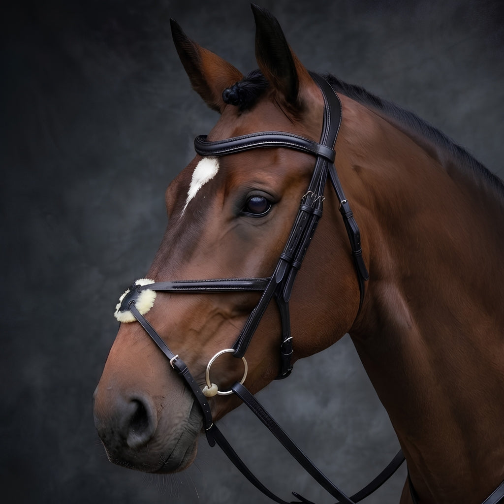 A close-up studio portrait of a brown horse wearing a black leather bridle with white fur trim and silver metal rings, set against a dark gray background.