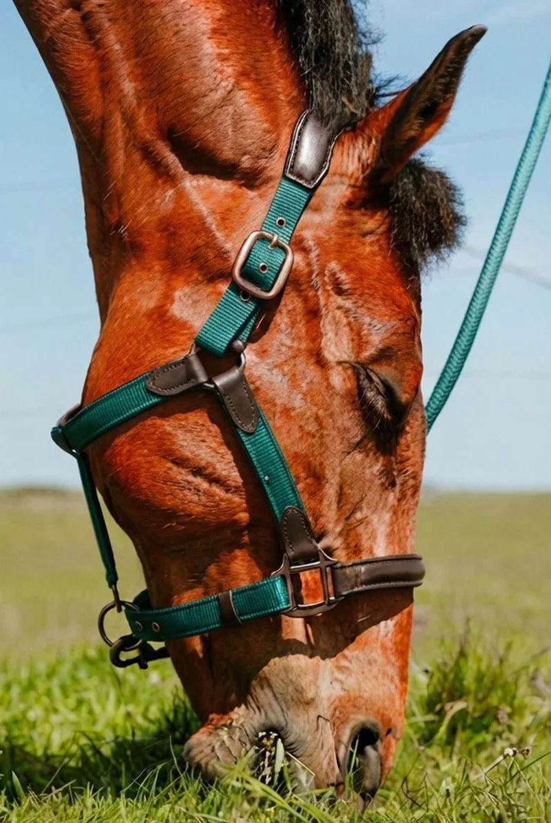 CAMEO ComfortPro Headcollar in EverGreen worn by a grazing bay horse in the field, showcasing the anatomical padded noseband, weather-proof green webbing, brown leather accents, and heavy-duty metal hardware engineered to prevent poll pressure and skin rubbing.