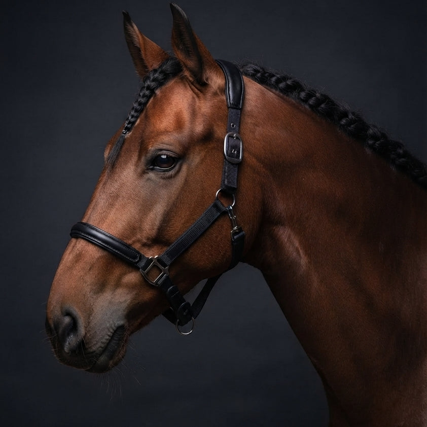 A brown horse in profile wearing a black leather bridle against a dark studio background.