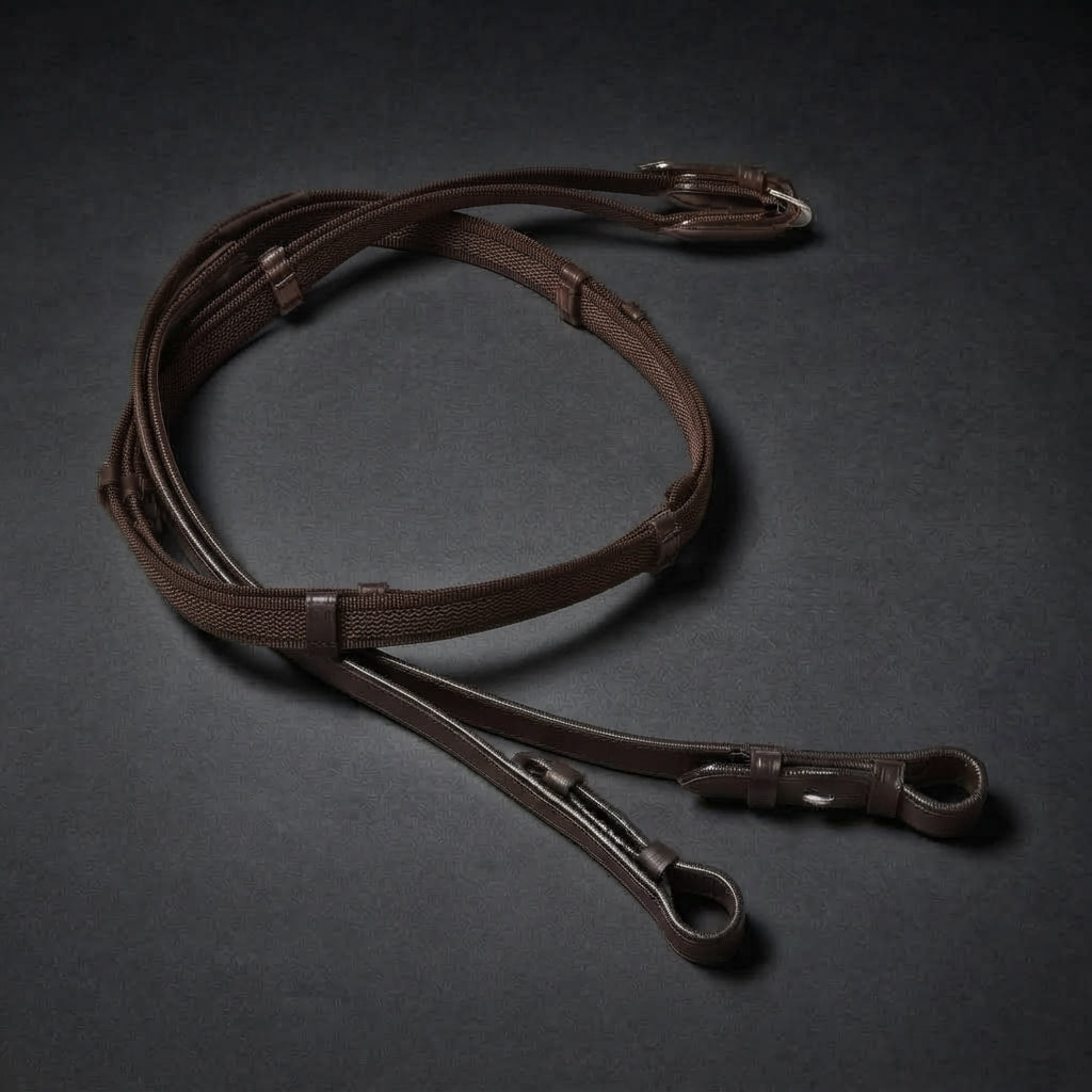 CAMEO Super Grip Reins in dark brown featuring durable web and leather construction with hook and stud closures.
