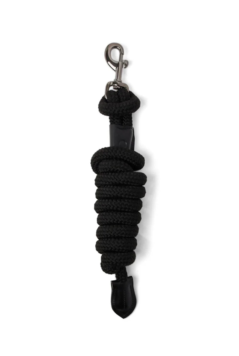 CAMEO Competition Leather Leadrope in Black showcasing a coiled 16mm thick multi-filament braided rope, debossed leather sleeve, gunmetal swivel trigger clip, and stitched leather popper for burn-free grip, ringside presentation, and horse travel.