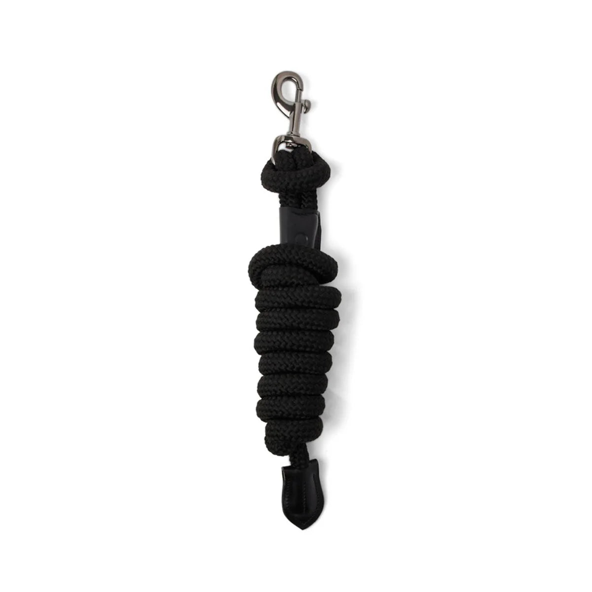 CAMEO Competition Leather Leadrope in Black showcasing a coiled 16mm thick multi-filament braided rope, debossed leather sleeve, gunmetal swivel trigger clip, and stitched leather popper for burn-free grip, ringside presentation, and horse travel.