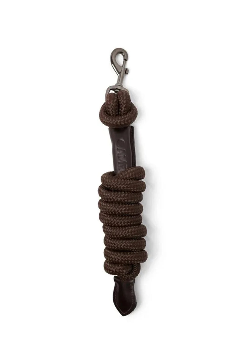 CAMEO Competition Leather Leadrope in Brown showcasing a coiled 16mm thick multi-filament braided rope, debossed leather sleeve, gunmetal swivel trigger clip, and stitched leather popper for burn-free grip, ringside presentation, and horse travel.