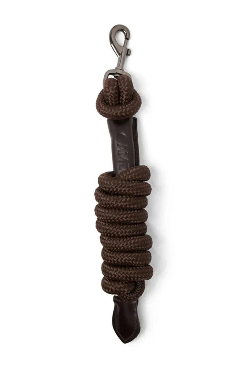 CAMEO Competition Leather Leadrope in Brown showcasing a coiled 16mm thick multi-filament braided rope, debossed leather sleeve, gunmetal swivel trigger clip, and stitched leather popper for burn-free grip, ringside presentation, and horse travel.