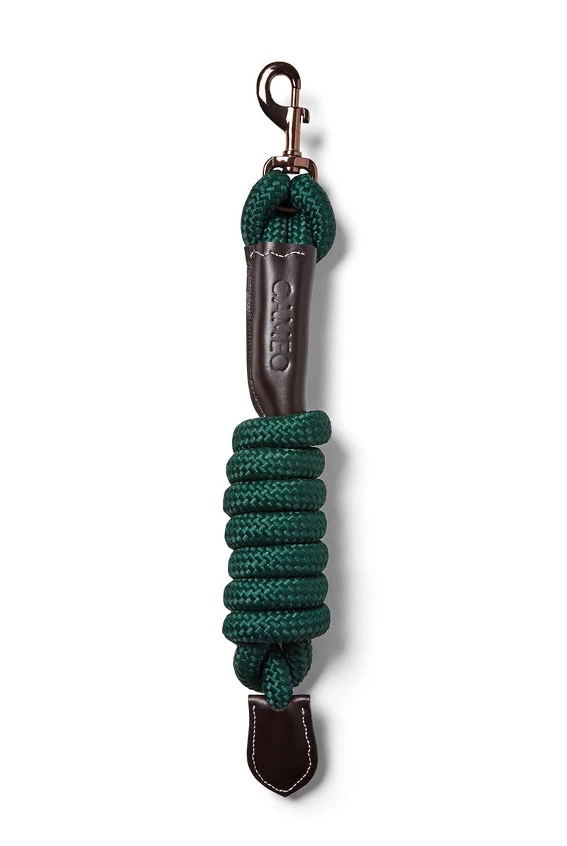CAMEO Competition Leather Leadrope in EverGreen showcasing a coiled 16mm thick multi-filament braided rope, debossed brown leather sleeve, bronze swivel trigger clip, and stitched leather popper for burn-free grip, ringside presentation, and horse travel.