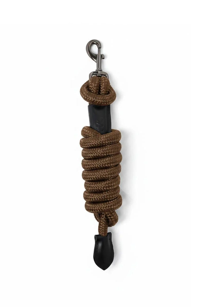 CAMEO Competition Leather Leadrope in Mocha showcasing a coiled 16mm thick multi-filament braided rope, debossed leather sleeve, gunmetal swivel trigger clip, and stitched leather popper for burn-free grip, ringside presentation, and horse travel.