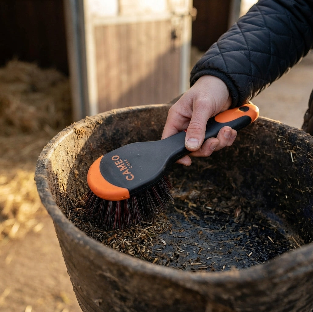 A lifestyle image featuring a person wearing a black quilted jacket brushing the inside of a rubber feed bucket with the orange-and-black CAMEO CORE brush.