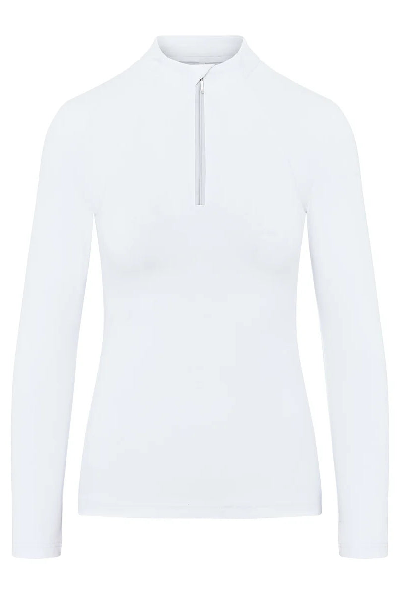 CAMEO Core Collection Baselayer in White featuring a tailored silhouette and a technical quarter-zip stand collar with a protective chin guard. Designed with CameoTech 4-way stretch fabric and anti-chafing flat-lock seams, this professional equestrian top is ideal for British competition days.