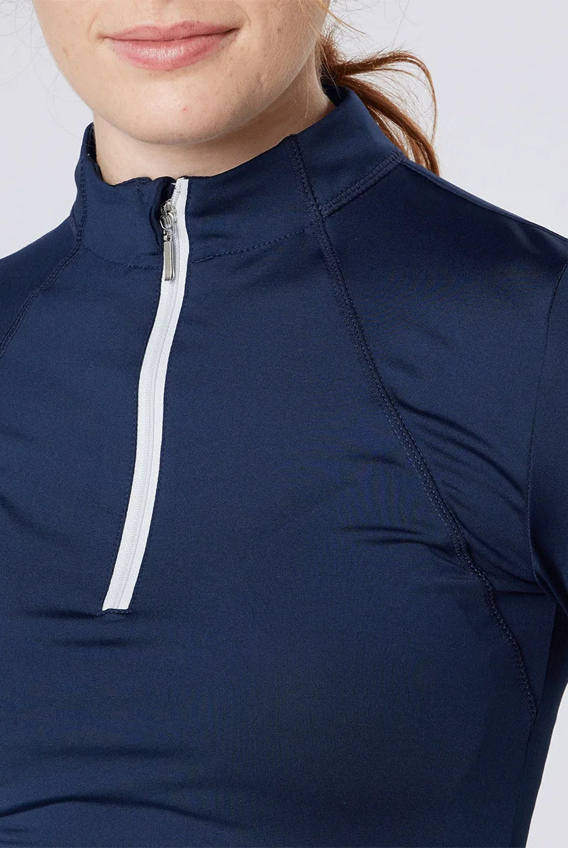 CAMEO Core Collection Baselayer in Navy featuring a contrast white quarter-zip and ergonomic stand collar with a protective chin guard. This technical equestrian top showcases premium flat-lock seams and moisture-wicking CameoTech fabric for maximum comfort and thermoregulation during riding.