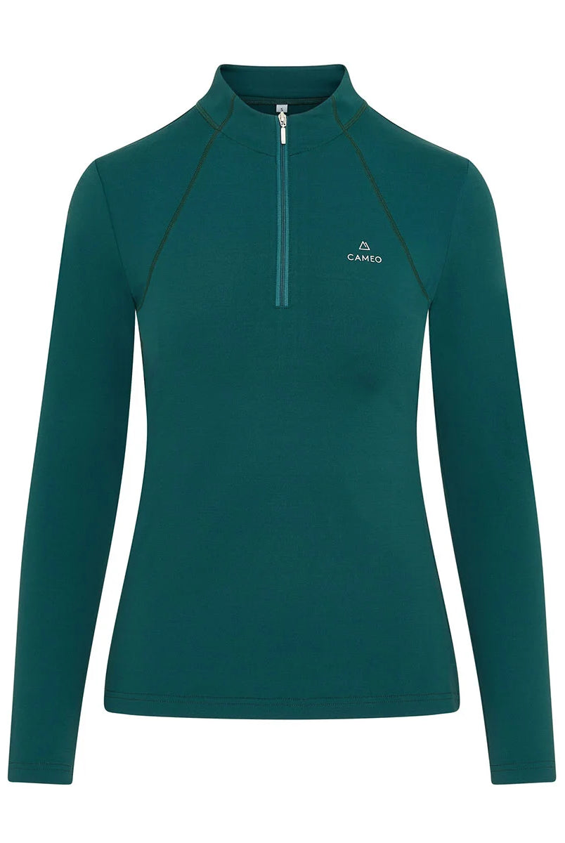 CAMEO Core Collection Baselayer in Evergreen featuring high-performance CameoTech 4-way stretch fabric and a tailored feminine silhouette. This professional equestrian top includes an ergonomic quarter-zip stand collar, moisture-wicking technology, and anti-chafing flat-lock seams for elite performance.