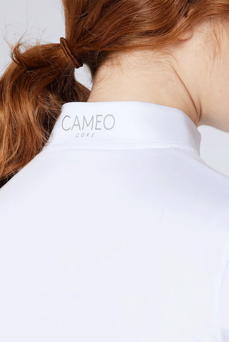 CAMEO Core Collection Baselayer in White showing the reflective silver CAMEO CORE branding on the rear stand collar. This close-up highlights the high-quality technical microfibre fabric and precision flat-lock stitching designed for professional equestrian competition and training comfort.