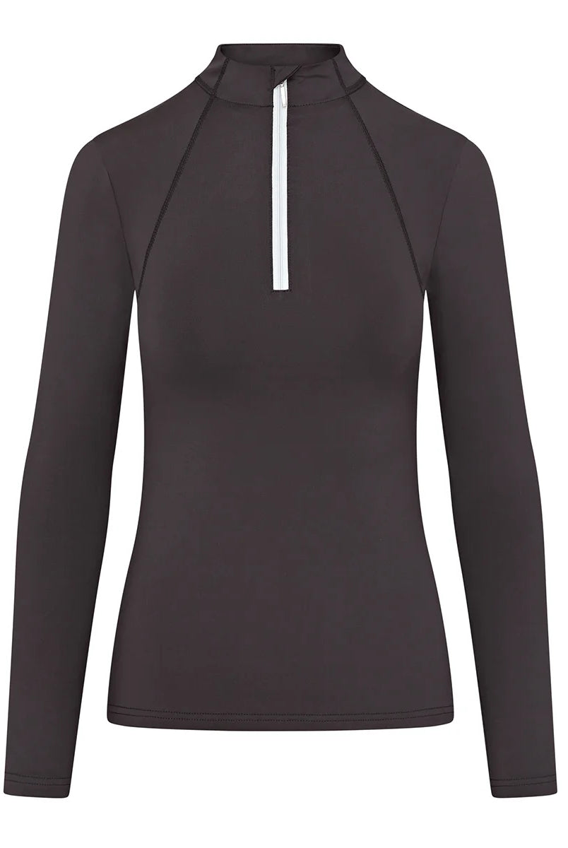 CAMEO Core Collection Baselayer in Black featuring a striking contrast white quarter-zip and a professional tailored silhouette. Engineered with technical CameoTech 4-way stretch fabric, this premium equestrian top provides active thermoregulation, moisture-wicking comfort, and anti-chafing flat-lock seams for riders in the UK.
