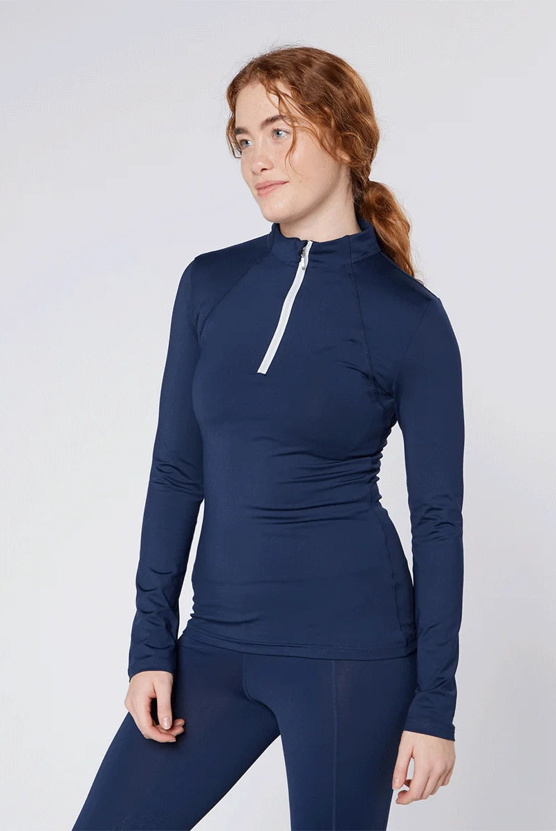 CAMEO Core Collection Baselayer in Navy featuring a contrast white quarter-zip and technical 4-way stretch CameoTech fabric. This professional equestrian top is designed with a tailored silhouette, ergonomic flat-lock seams, and active moisture-wicking properties for high-performance riding and training in the UK.