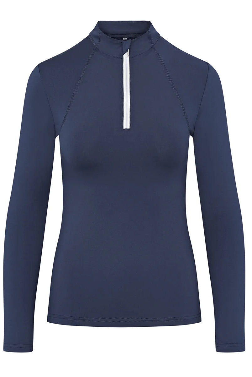 CAMEO Core Collection Baselayer in Navy featuring a contrast white quarter-zip and a professional tailored silhouette. Crafted from technical CameoTech 4-way stretch fabric, this premium equestrian top offers active thermoregulation, moisture-wicking performance, and anti-chafing flat-lock seams for elite riders.