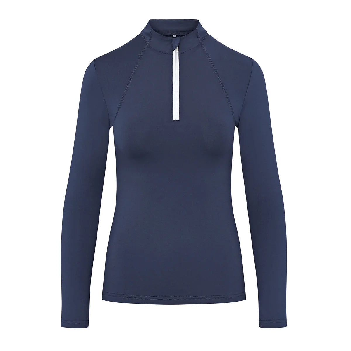 CAMEO Core Collection Baselayer in Navy featuring a contrast white quarter-zip and a professional tailored silhouette. Crafted from technical CameoTech 4-way stretch fabric, this premium equestrian top offers active thermoregulation, moisture-wicking performance, and anti-chafing flat-lock seams for elite riders.