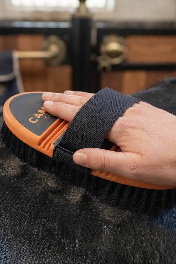 A close-up of a person's hand using an orange and black horse grooming brush on dark horse fur, with a stable interior blurred in the background.