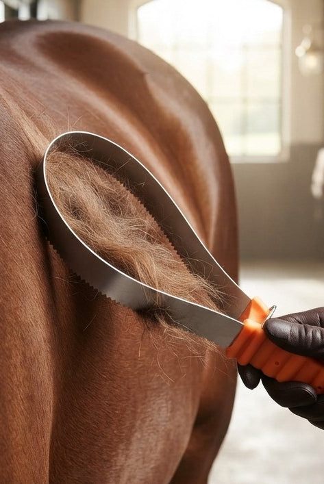 A close-up outdoor shot of a horse with a heavy winter coat being groomed with a CAMEO orange-handled metal shedding blade, which is collecting a thick clump of loose winter hair.