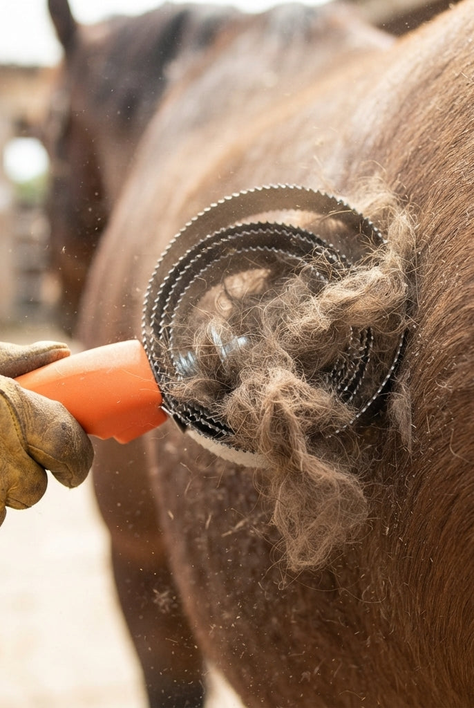 A close-up outdoor shot of a horse with a heavy winter coat being groomed with a CAMEO spring metal curry comb, which is effectively collecting a thick clump of loose winter hair in its circular metal rings.