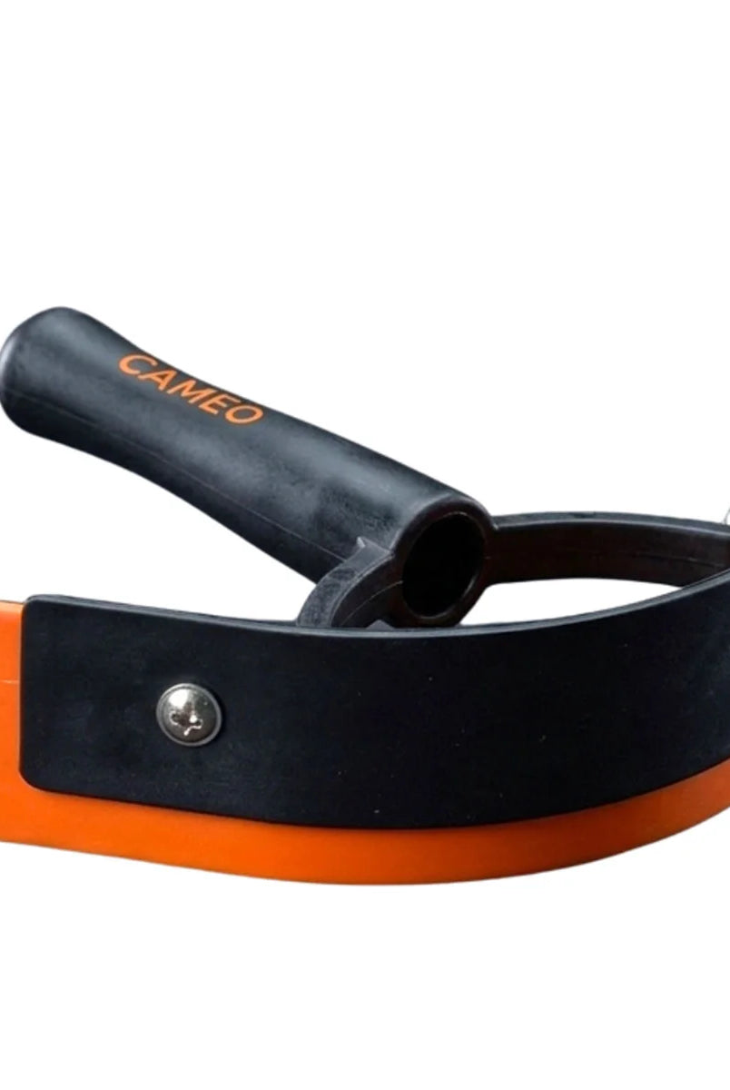 CAMEO Curved Ergonomic Sweat Scraper in Orange with an anatomical handle and contoured edge for easy equine wash grooming.