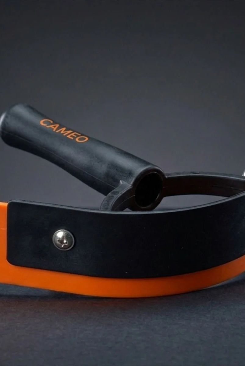 CAMEO Curved Ergonomic Sweat Scraper in Orange featuring a flexible rubber blade to efficiently clear excess water post-wash.