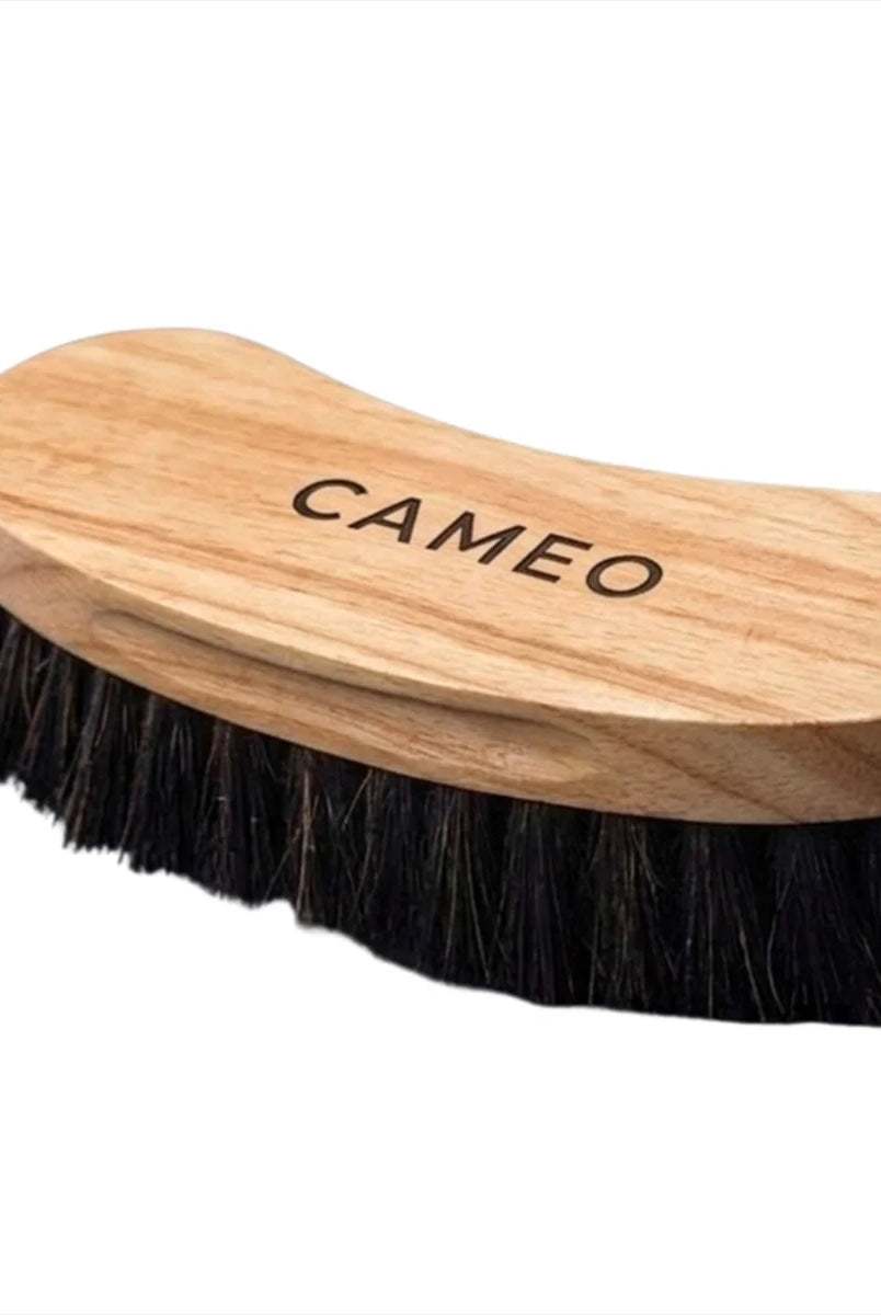 CAMEO Deep Clean Dandy Brush in Maple with an ergonomic curved wooden block and side finger grooves for secure horse grooming.