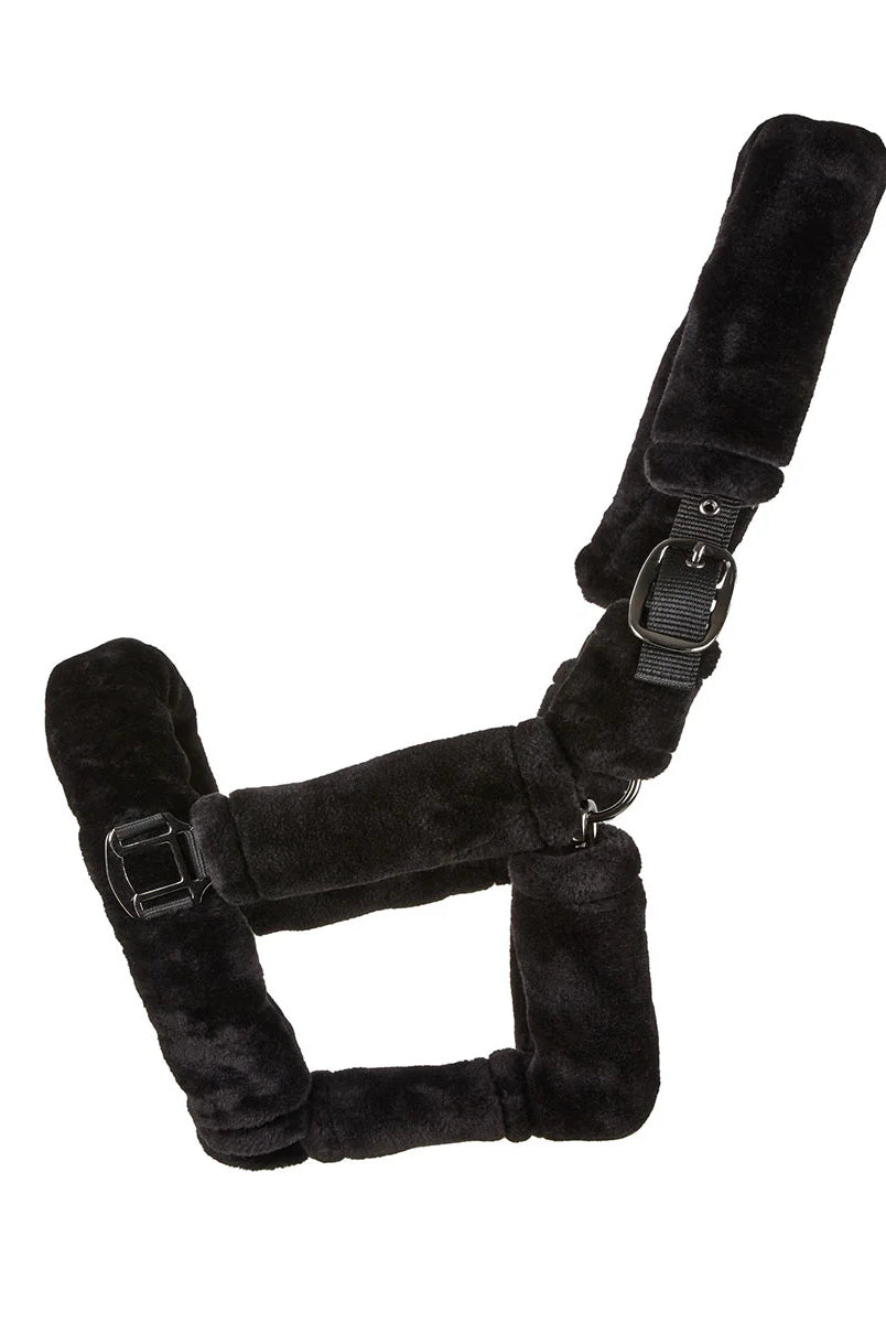 CAMEO Deluxe Headcollar in Black featuring all-over plush fleece cushioning and adjustable buckles to prevent stable rubs.