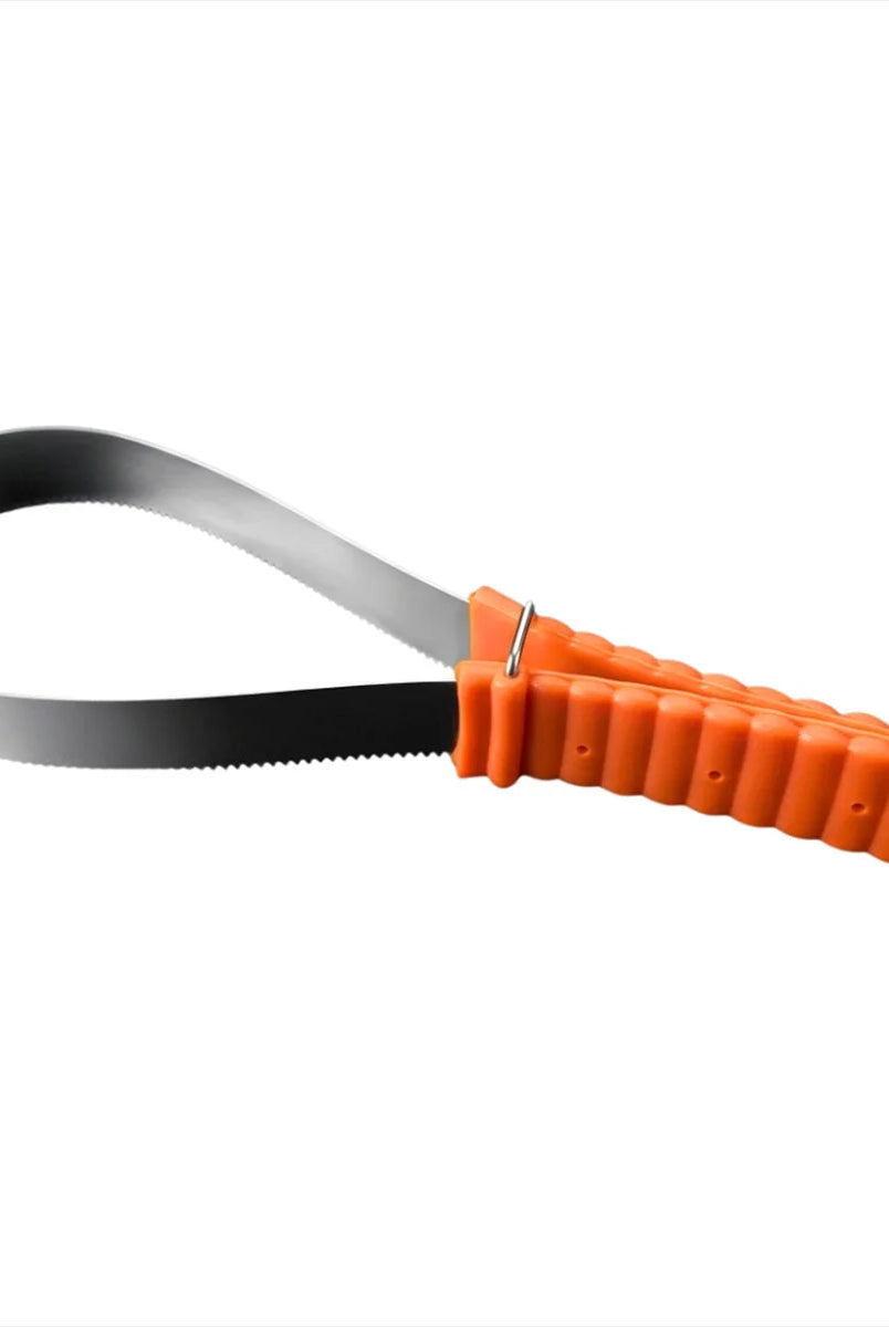 CAMEO Dual-Action Shedding Blade in Orange with a flexible stainless steel loop and ribbed grip handle for removing winter hair.