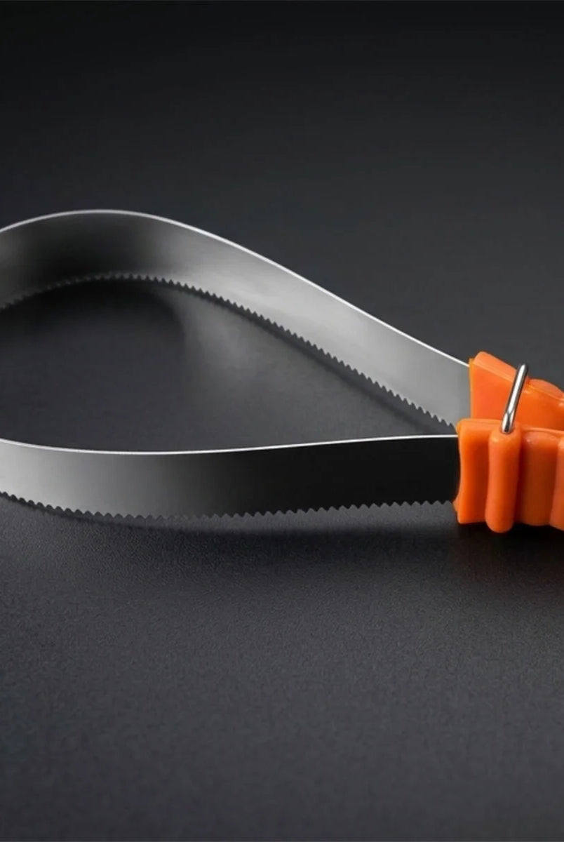 CAMEO Dual-Action Shedding Blade in Orange on a studio background featuring double-sided serrated teeth for horse coat moulting.