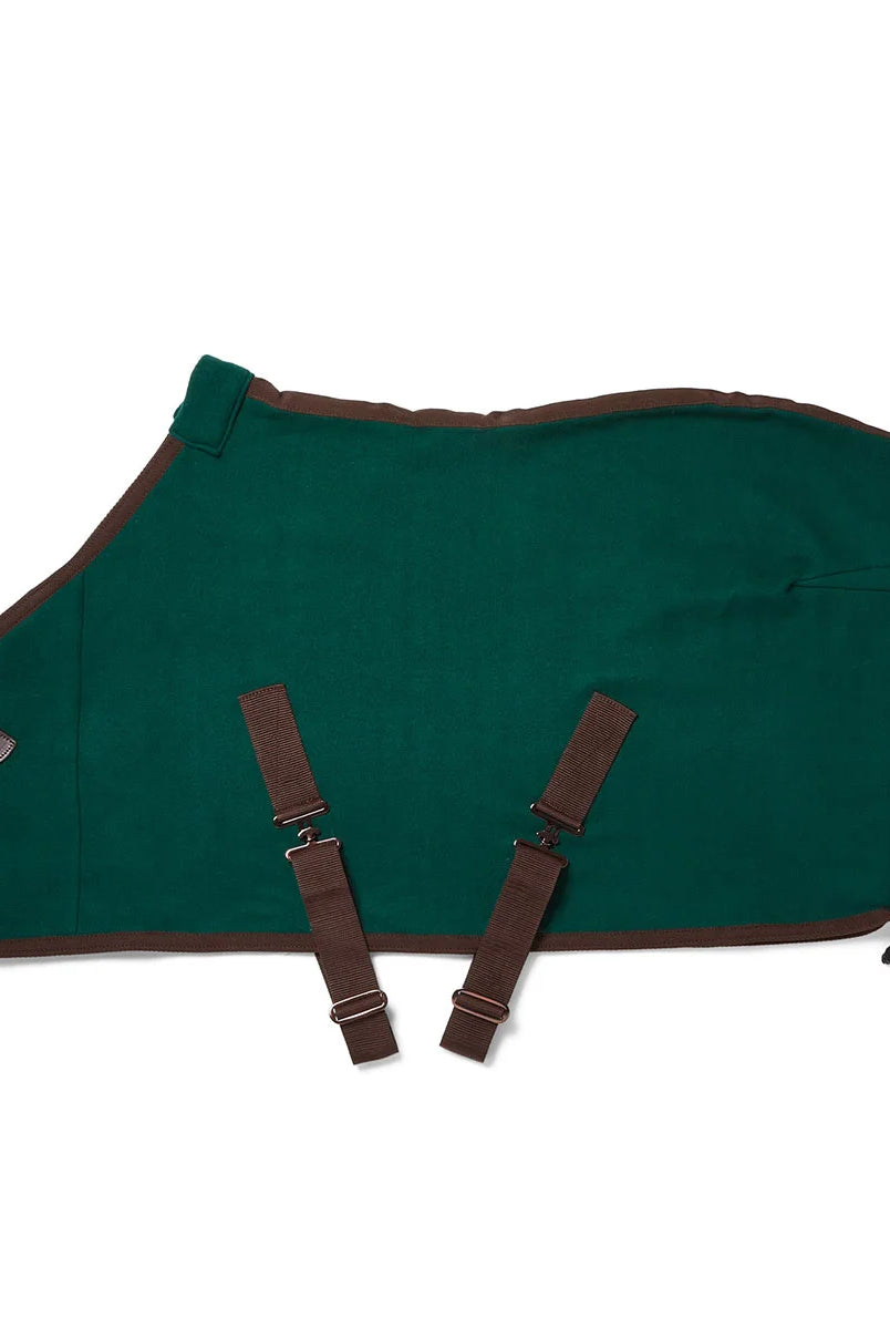 CAMEO Fleece Show Rug in EverGreen featuring contrast brown binding, rolled wither relief collar, genuine leather front strap closure, and cross surcingles.