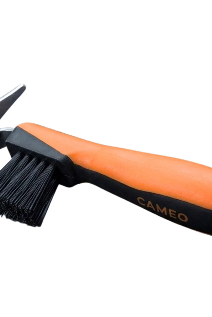 CAMEO Hoof Pick with Brush in Orange featuring a reinforced steel pick and stiff cleaning bristles for daily hoof care.