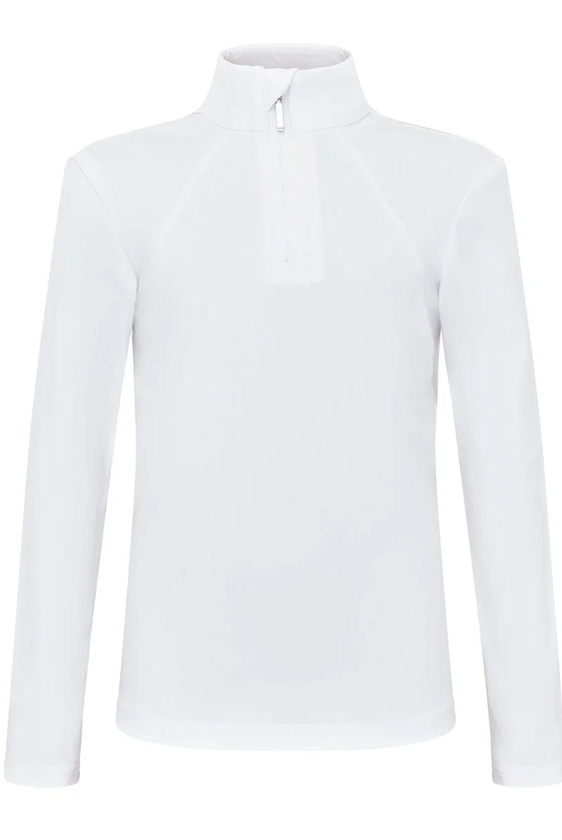 CAMEO Junior Core Baselayer in White designed for British equestrian competition and show days. Featuring technical CameoTech 4-way stretch fabric, a quarter-zip stand collar with chin guard, and anti-chafing flat-lock seams, this youth riding top ensures moisture-wicking comfort and a professional fit.