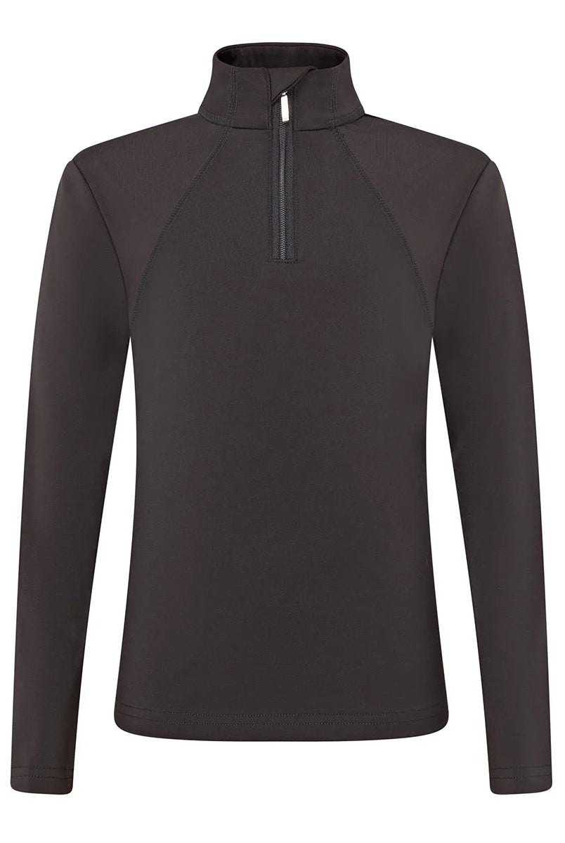 CAMEO Junior Core Baselayer in Mocha featuring advanced CameoTech 360-degree stretch fabric and a quarter-zip stand collar with a protective chin guard. This high-performance youth equestrian top is engineered with moisture-wicking technology and flat-lock seams for all-day comfort in the saddle.