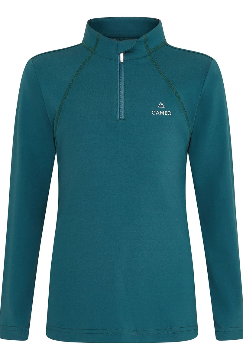 CAMEO Junior Core Baselayer in EverGreen featuring CameoTech 360-degree 4-way stretch microfibre. This high-performance youth equestrian top includes a quarter-zip stand collar with chin guard, ergonomic raglan sleeves, and anti-chafing flat-lock seams for maximum comfort during training and Pony Club.