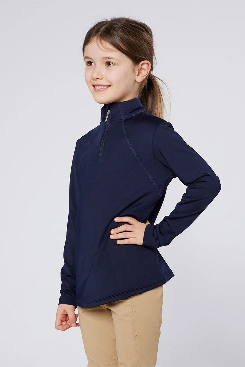CAMEO Junior Core Baselayer in Navy featuring a high-performance quarter-zip stand collar and ergonomic raglan sleeves. Worn by a young rider, this moisture-wicking equestrian top uses CameoTech 4-way stretch fabric and flat-lock seams to ensure athletic freedom and comfort for Pony Club training.