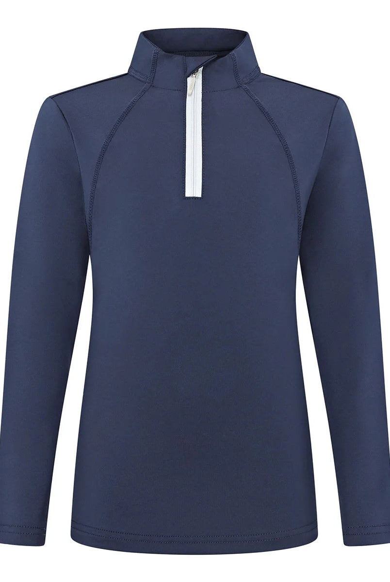 CAMEO Junior Core Baselayer in Navy featuring a contrast white quarter-zip and breathable CameoTech 4-way stretch fabric. This technical youth equestrian top provides active thermoregulation, moisture-wicking performance, and flat-lock seams for comfort during Pony Club training and riding in the UK.