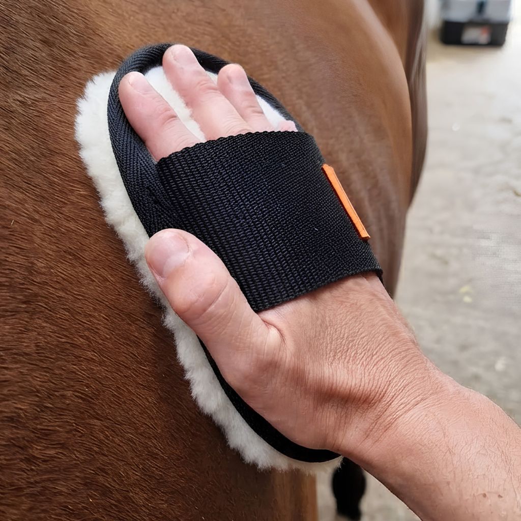 A close-up of a person's hand using a black and white horse grooming brush on a brown horse's coat in an outdoor stable setting.
