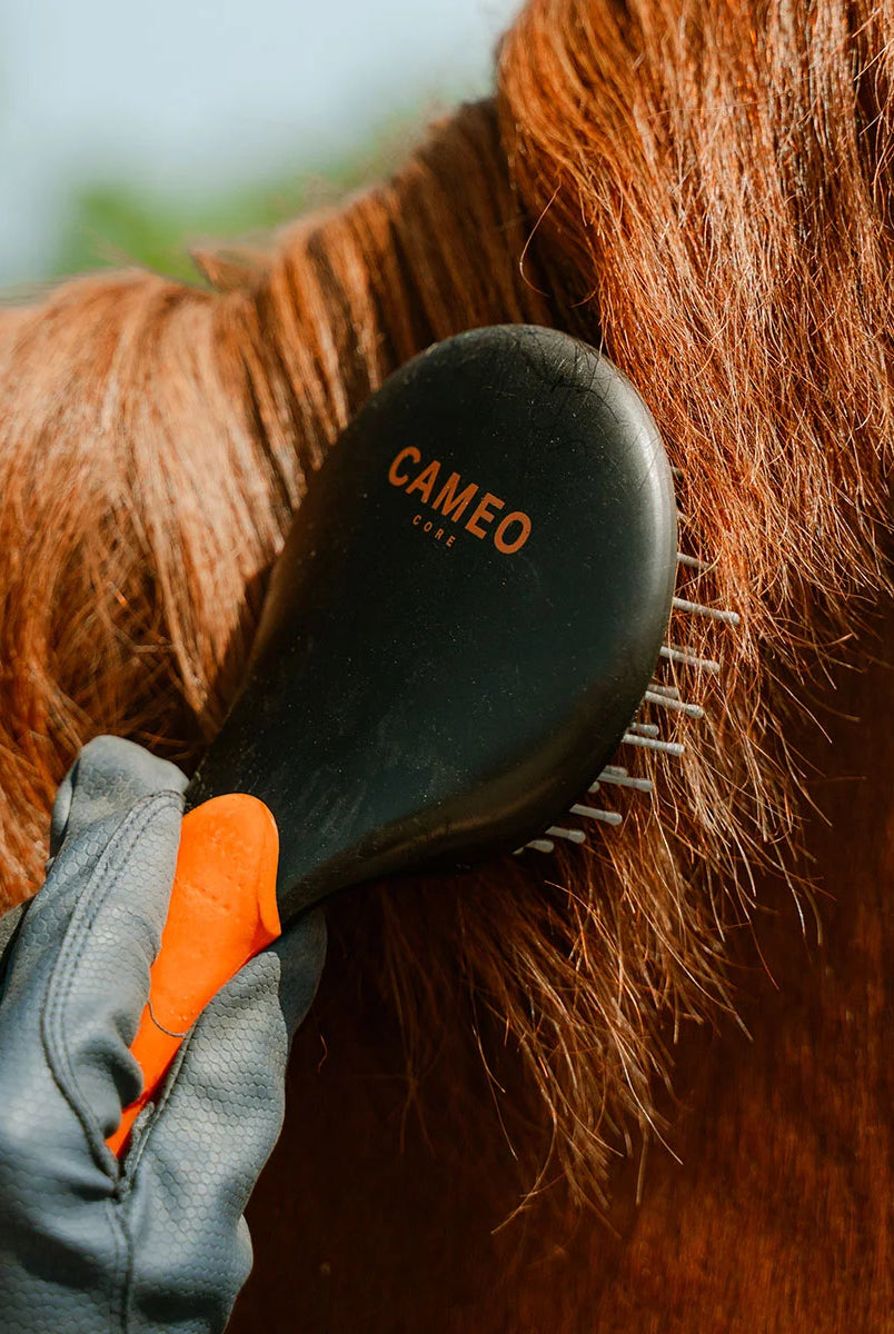 CAMEO Mane & Tail Brush in Orange featuring wide-set bristles gliding through thick horse hair to remove knots cleanly.